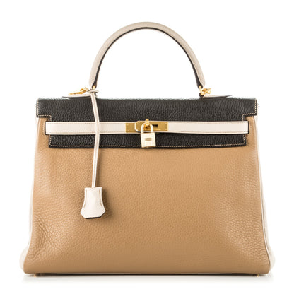 Hermes Taurillon Clemence Tri-Color Kelly Retourne 35 Tabac Camel Ebene Parchemin 1 of 26