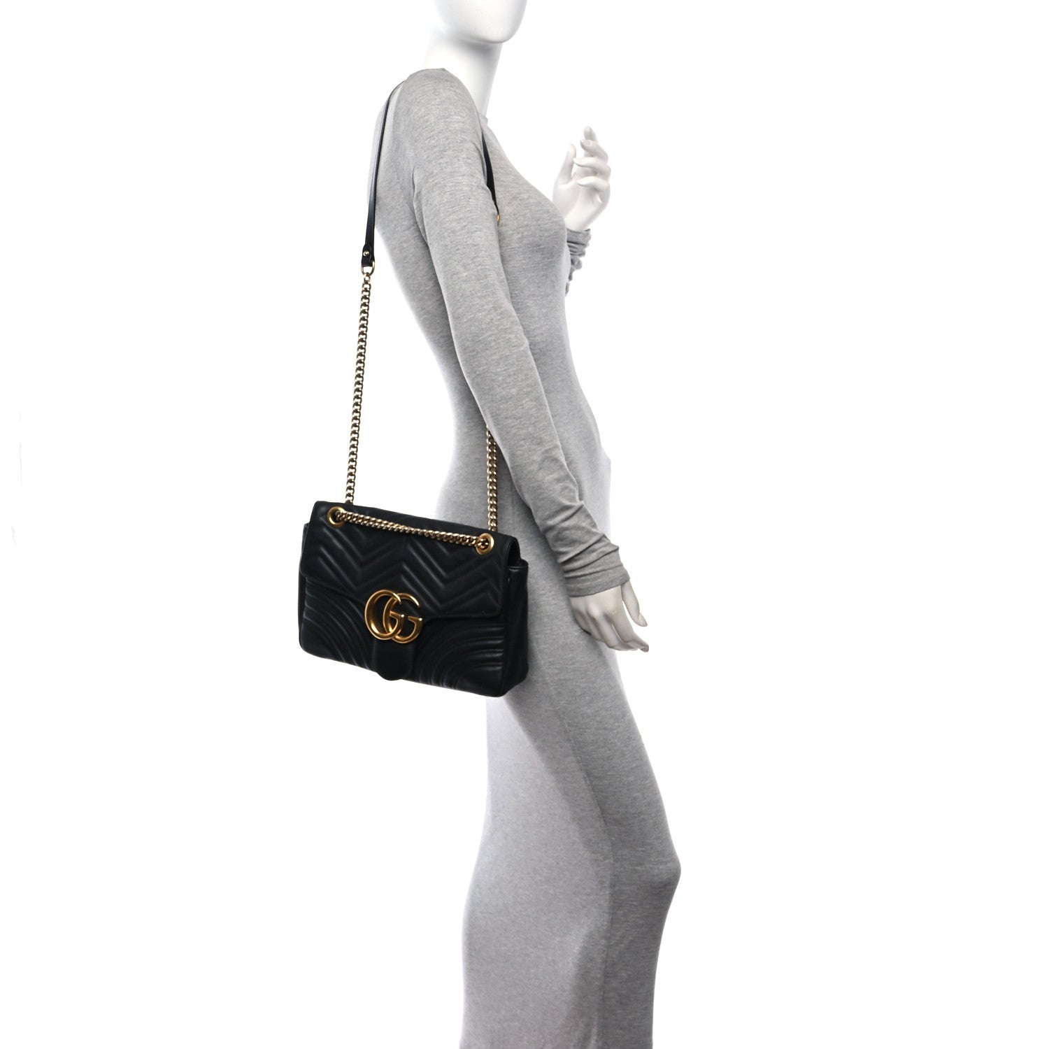 Gucci Calfskin Matelasse Medium GG Marmont Shoulder Bag Black 2 of 17