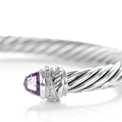 David Yurman Sterling Silver Pave Diamond Amethyst 7mm Cable Classics Bracelet 3 of 6