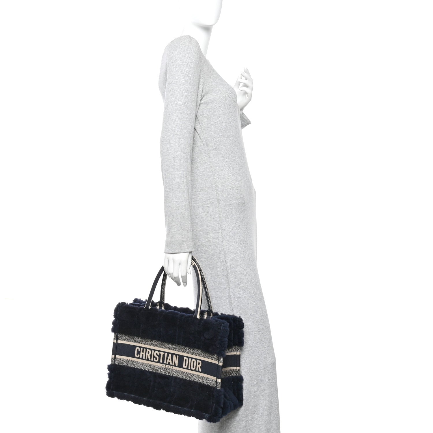 Christian Dior Shearling Cannage Medium Book Tote Deep Blue Natural 2 of 11