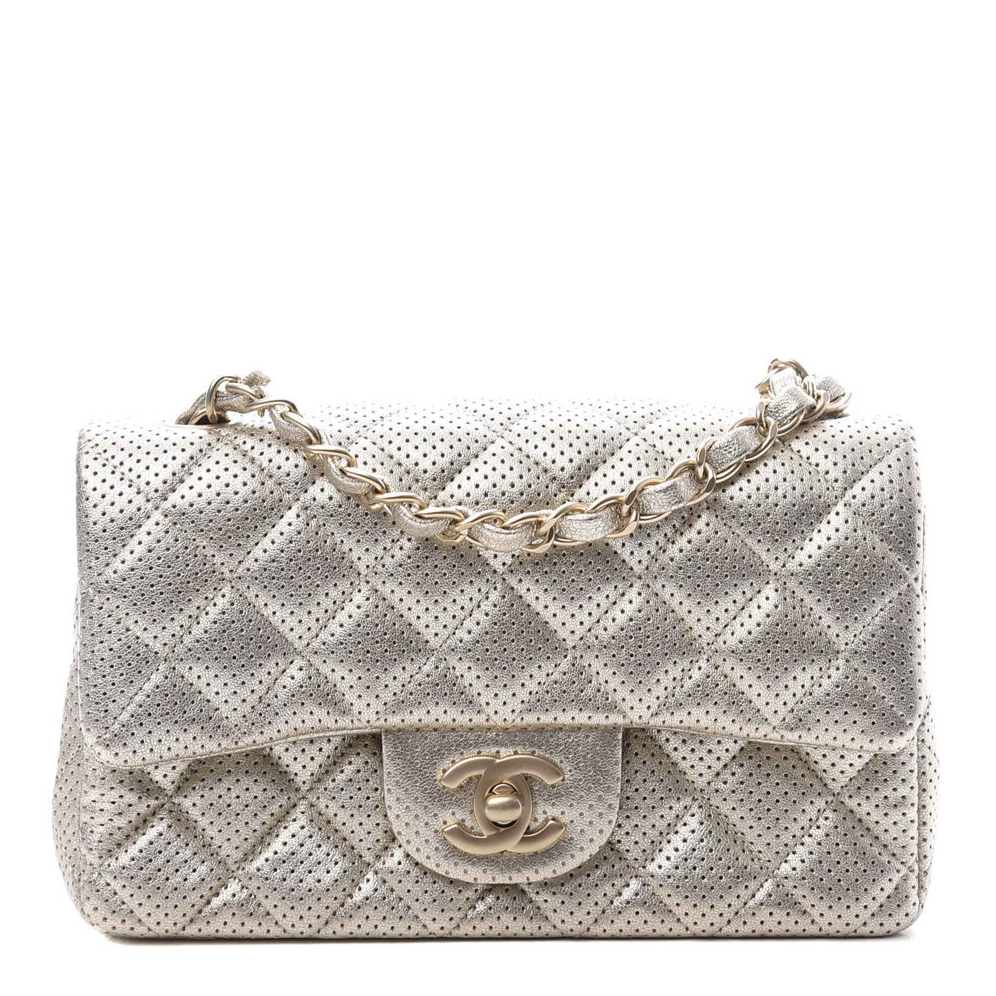Metallic Lambskin Perforated Mini Rectangular Flap Light Gold