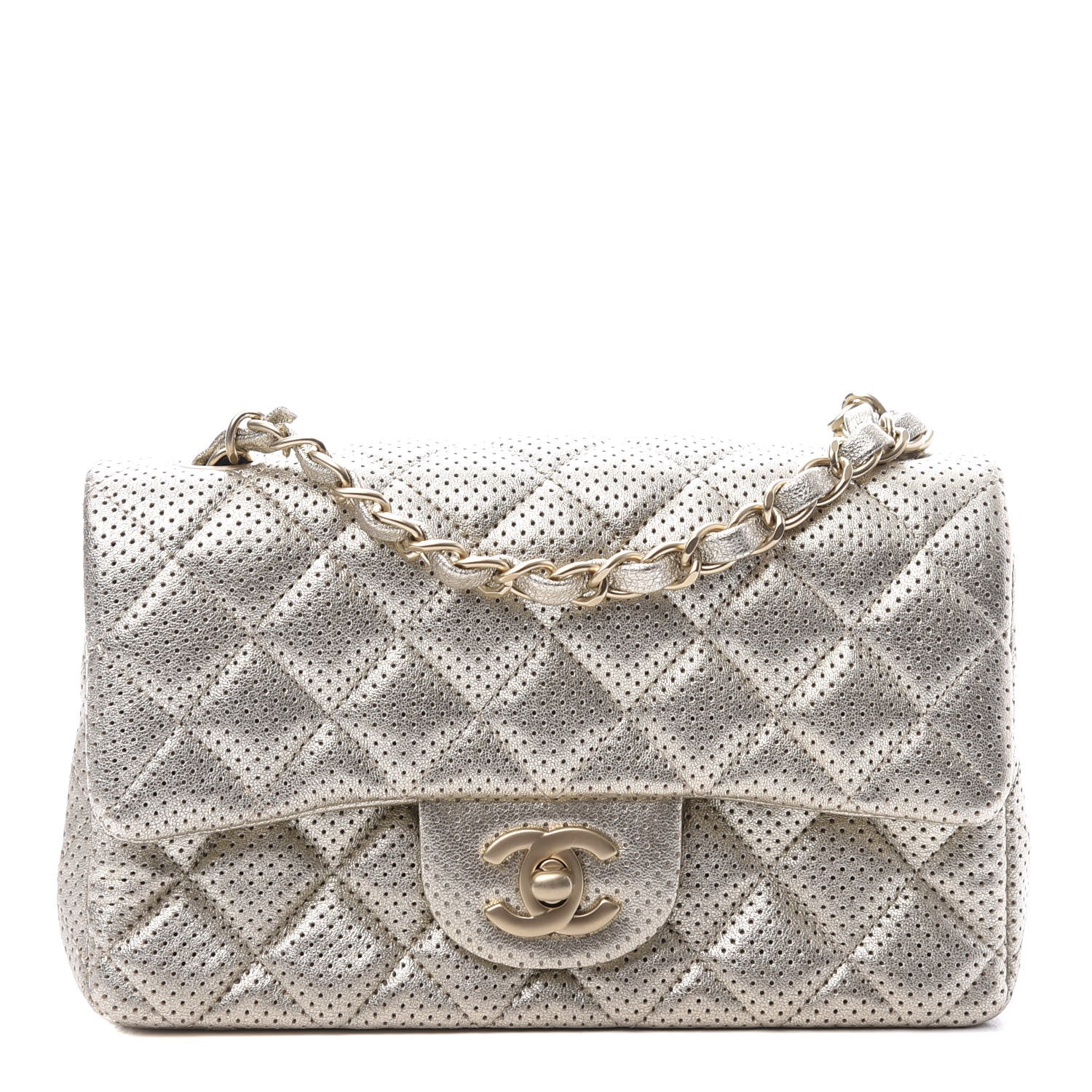 Chanel Metallic Lambskin Perforated Mini Rectangular Flap Light Gold 1 of 9