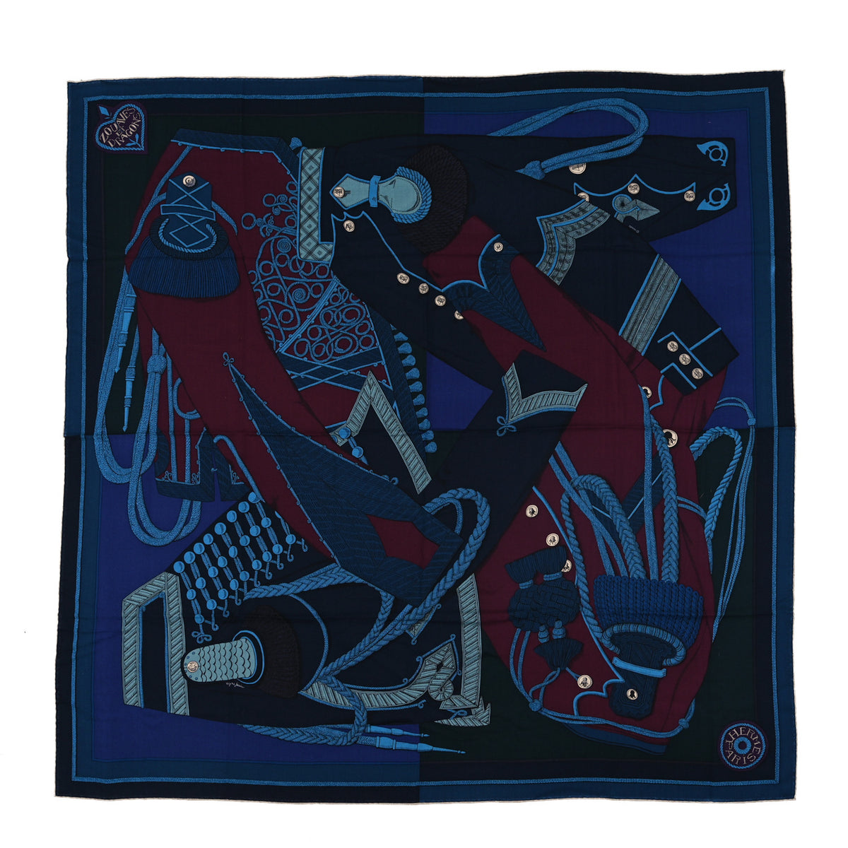 Hermes Cashmere Silk Zouaves Et Dragons Shawl 140 Marine Bordeaux Cobalt 1 of 3