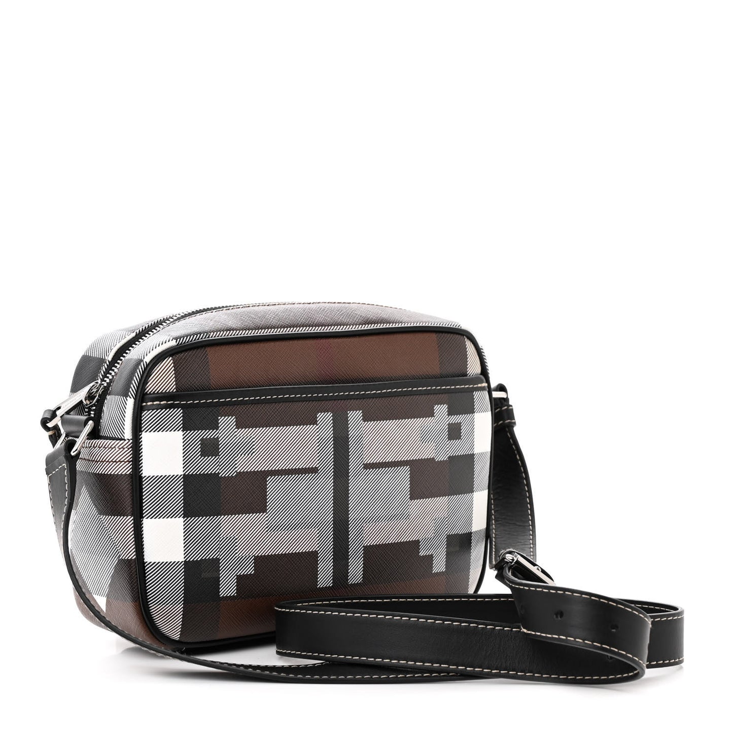 E-Canvas Calfskin Geometric Check Paddy Messenger Dark Birch Brown White