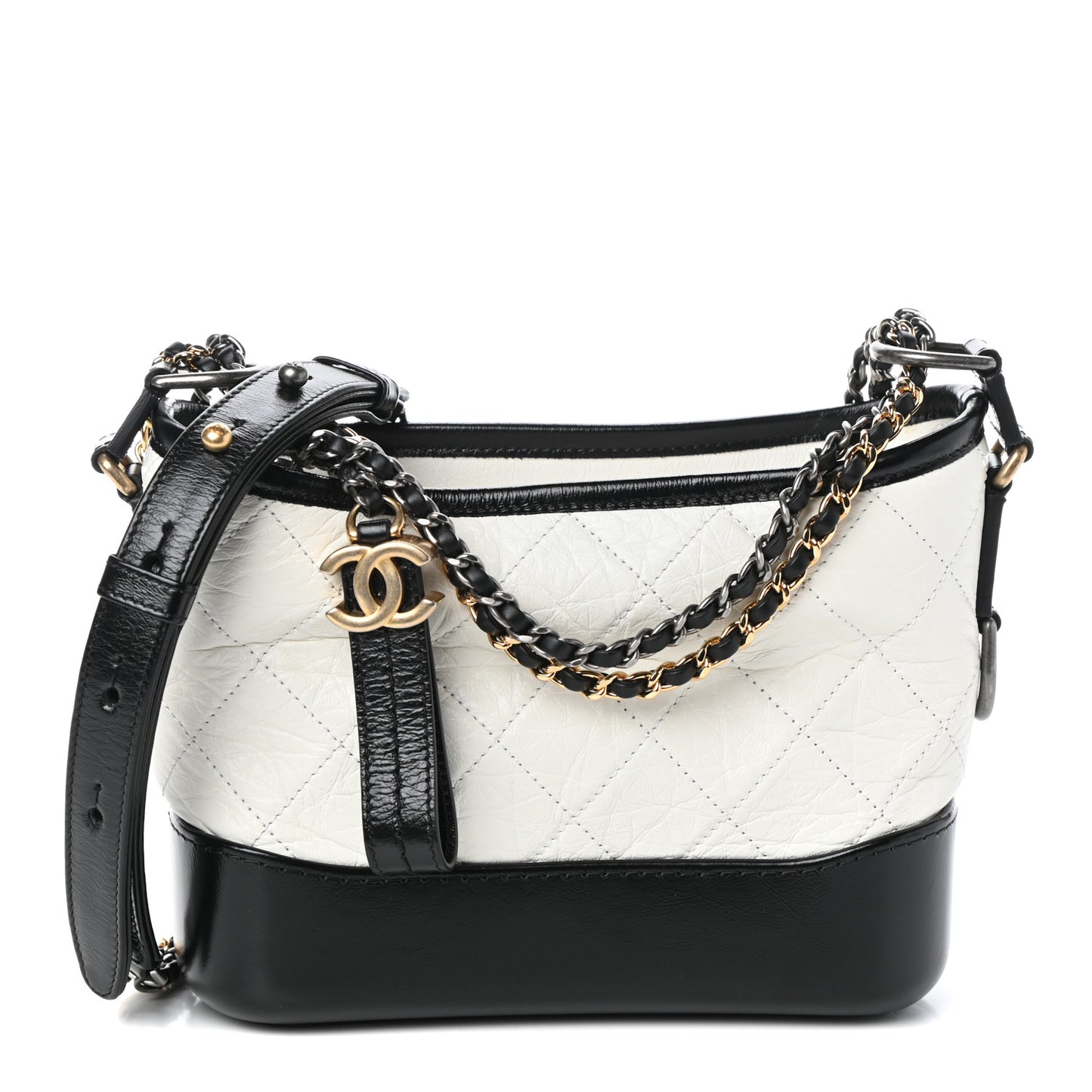 Aged Calfskin Quilted Small Gabrielle Hobo Black White