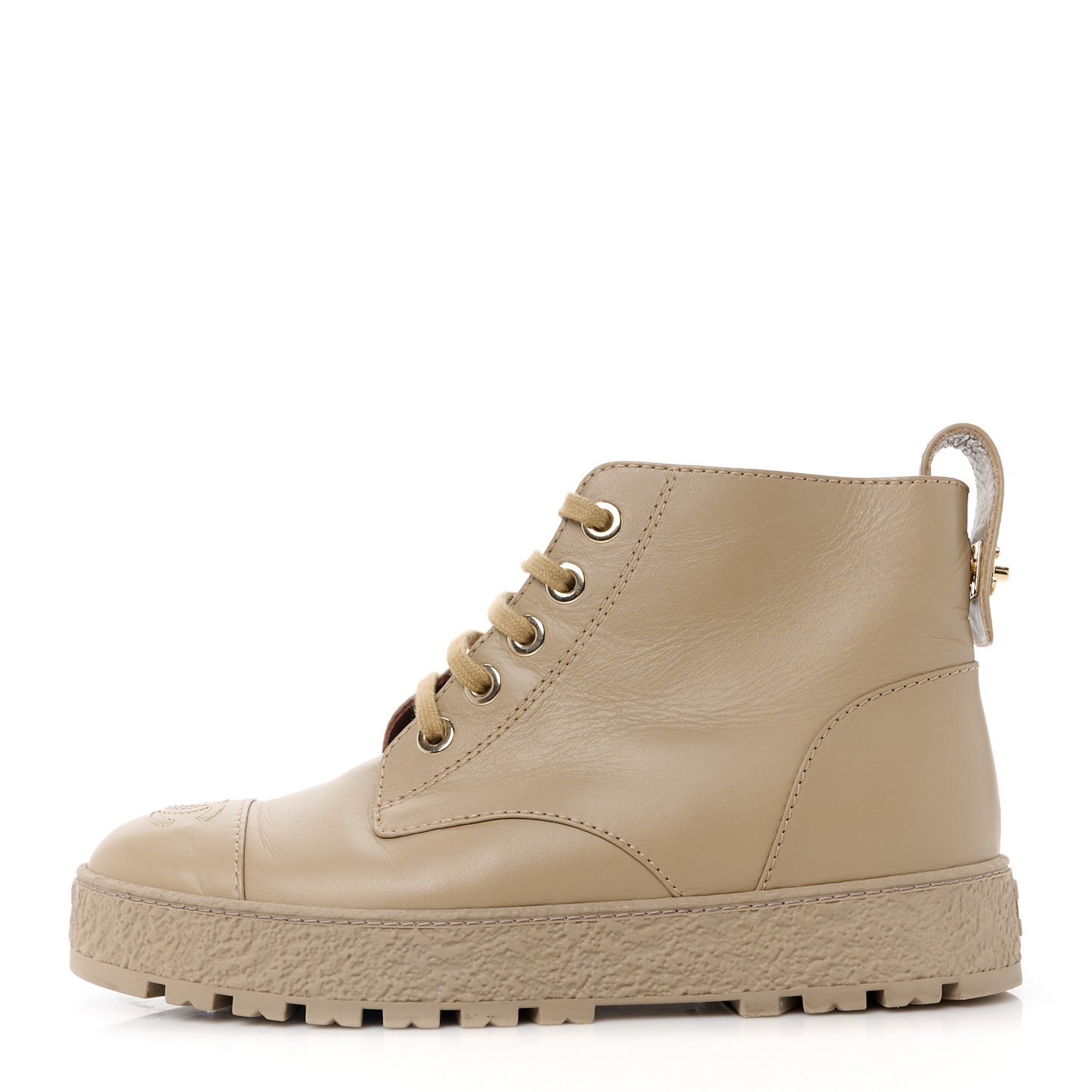 Calfskin CC Turnlock Lace Up Boots 39.5 Beige
