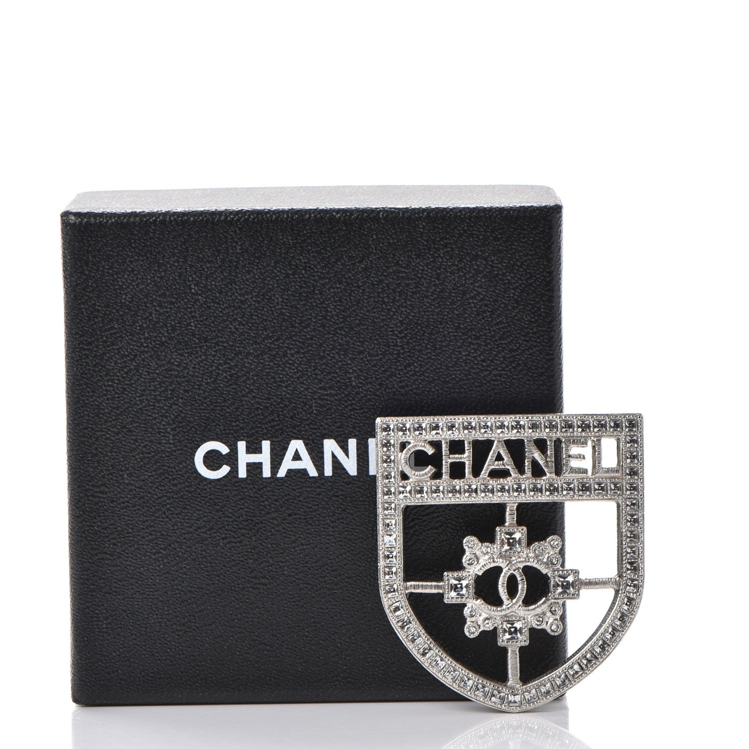 Chanel Swarovski Baguette Crystal CC Shield Brooch Silver 5 of 5