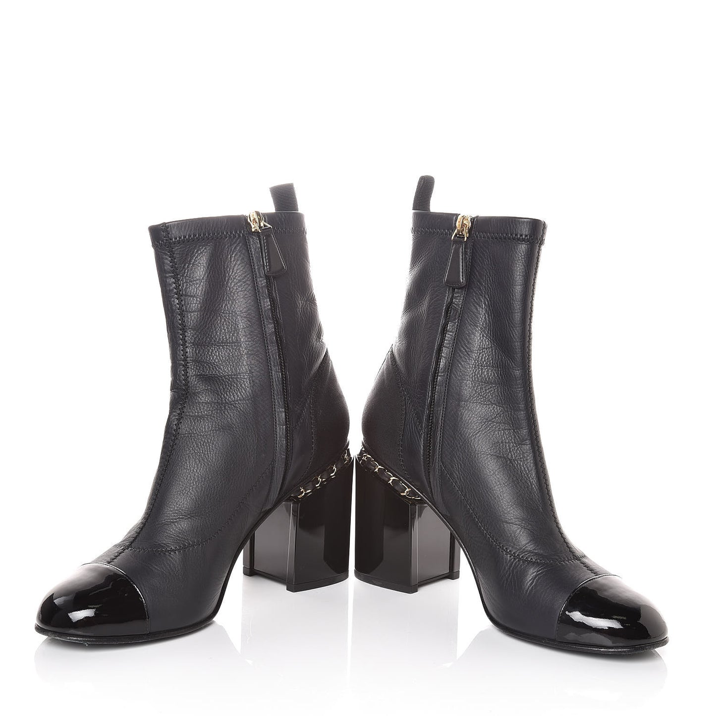 Calfskin Patent CC Cap Toe Chain Ankle Boots 39.5 Navy Black