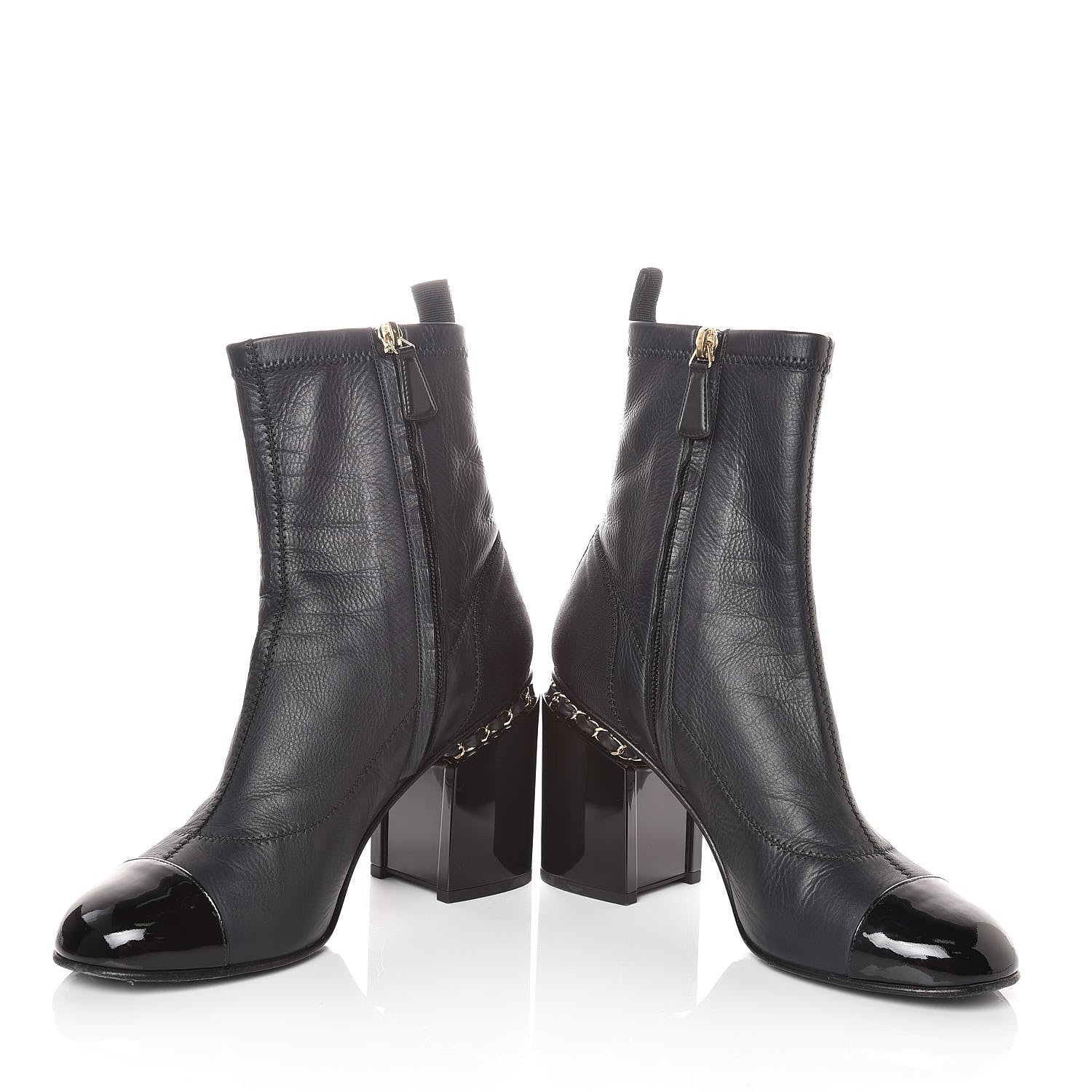 Chanel Calfskin Patent CC Cap Toe Chain Ankle Boots 39.5 Navy Black 5 of 9