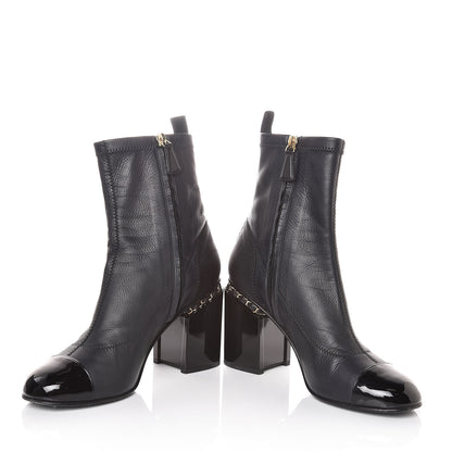 Chanel Calfskin Patent CC Cap Toe Chain Ankle Boots 39.5 Navy Black 5 of 9