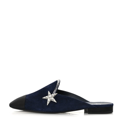 Chanel Suede Calfskin Grosgrain Crystal CC Star Mules 37.5 Blue Black 1 of 8