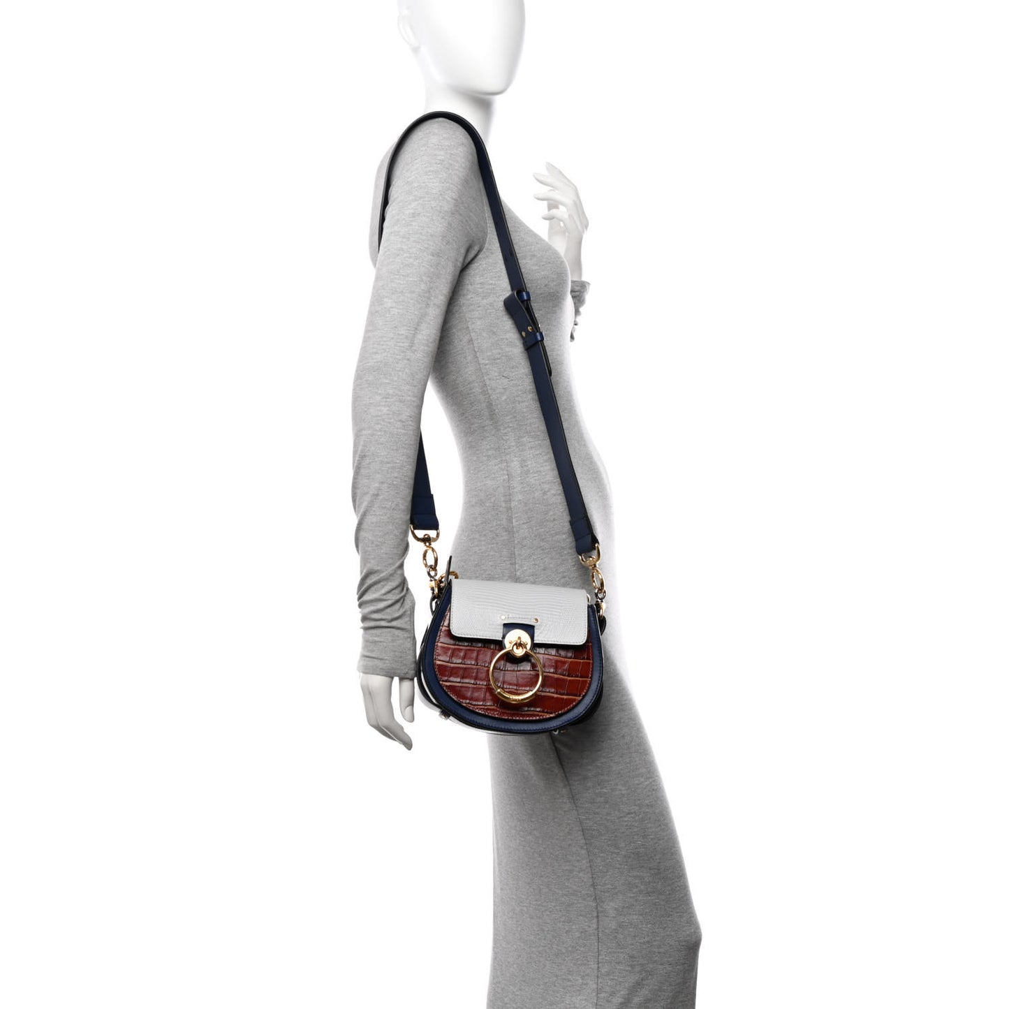 Shiny Calfskin Crocodile Embossed Small Tess Bag Blue Brown