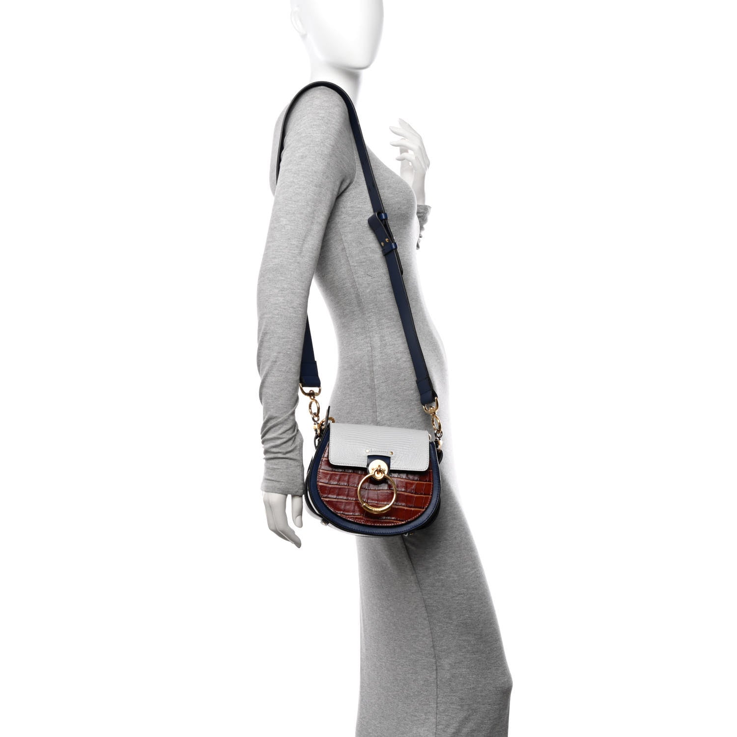 Chloe Shiny Calfskin Crocodile Embossed Small Tess Bag Blue Brown 2 of 11