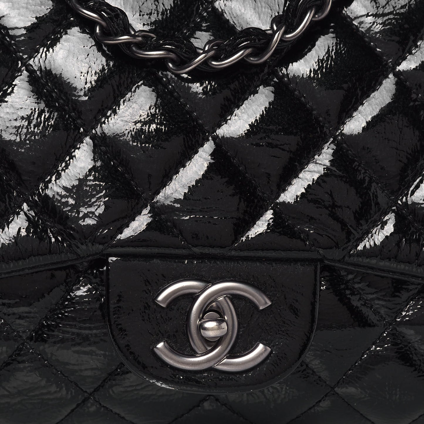 Crinkled Patent Quilted Jumbo Single Flap Black