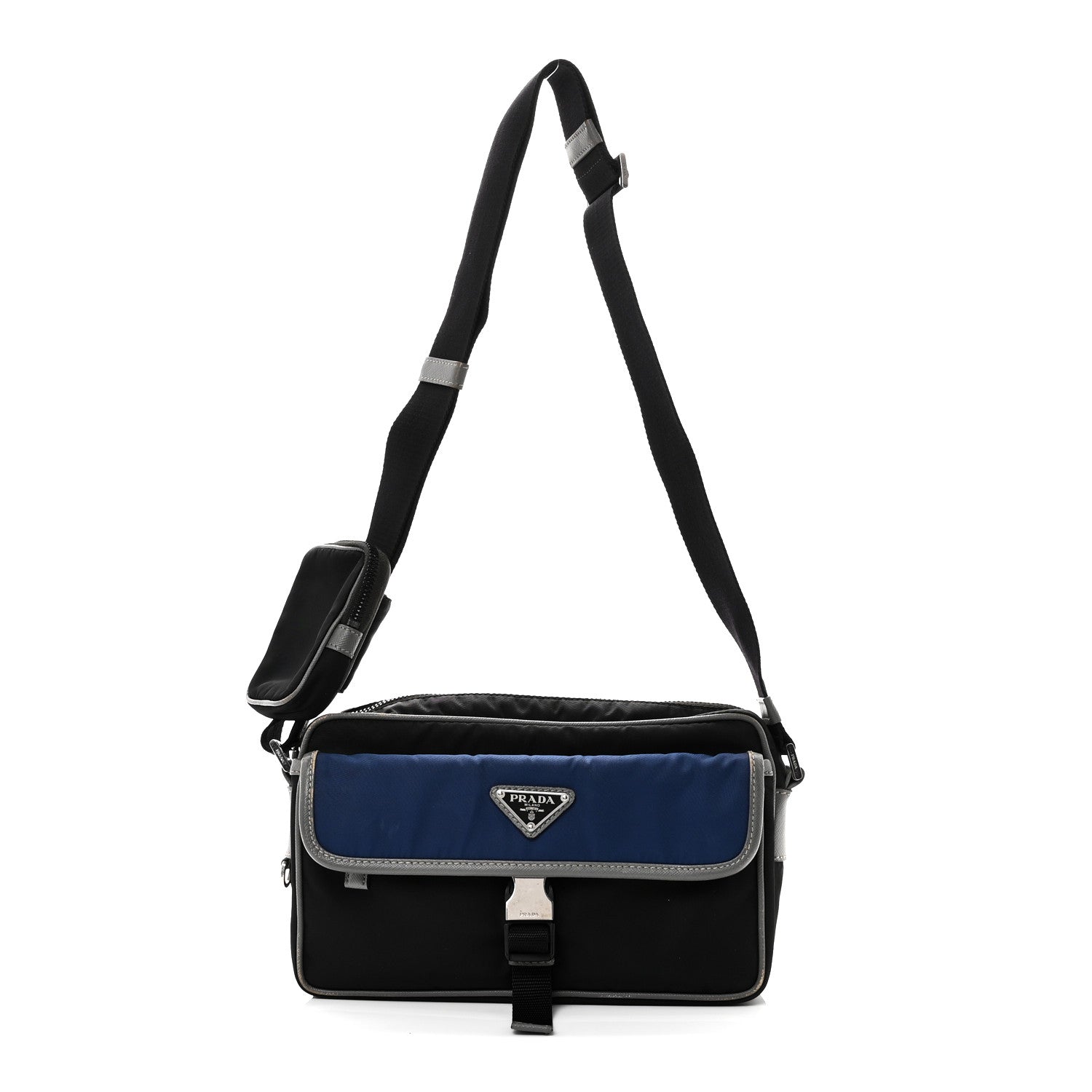 Prada Tessuto Nylon Saffiano Pocket Single Snap Buckle Messenger Flap Bag Black Bleuette Marmo 1 of 9