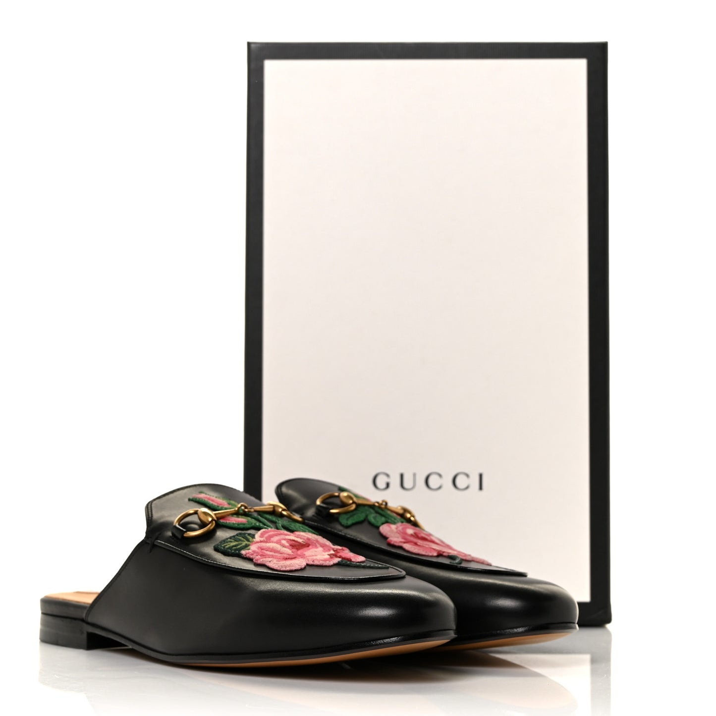 Calfskin Flower Embroidered Princetown Slippers 40 Black
