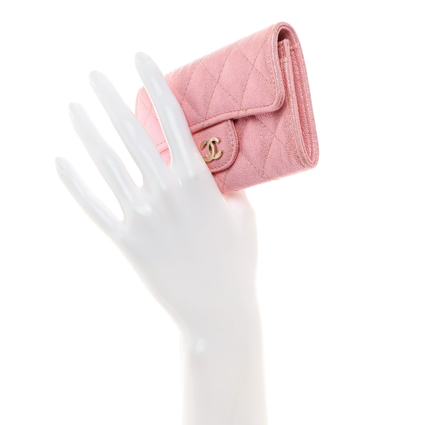 Iridescent Caviar Quilted Flap Card Holder Rose Pink