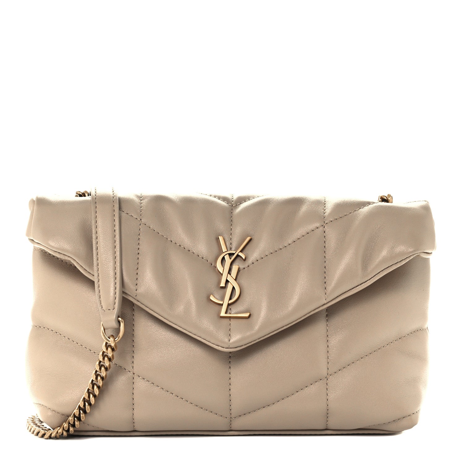 Saint Laurent Lambskin Quilted Toy Loulou Puffer Monogram Chain Satchel Dark Beige 1 of 11
