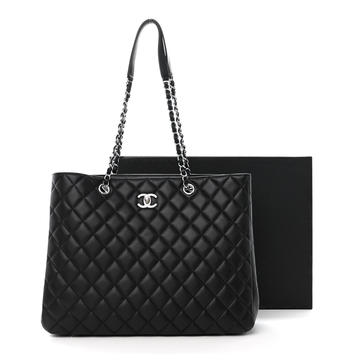 Calfskin Quilted Large Classic Shopping Tote Black