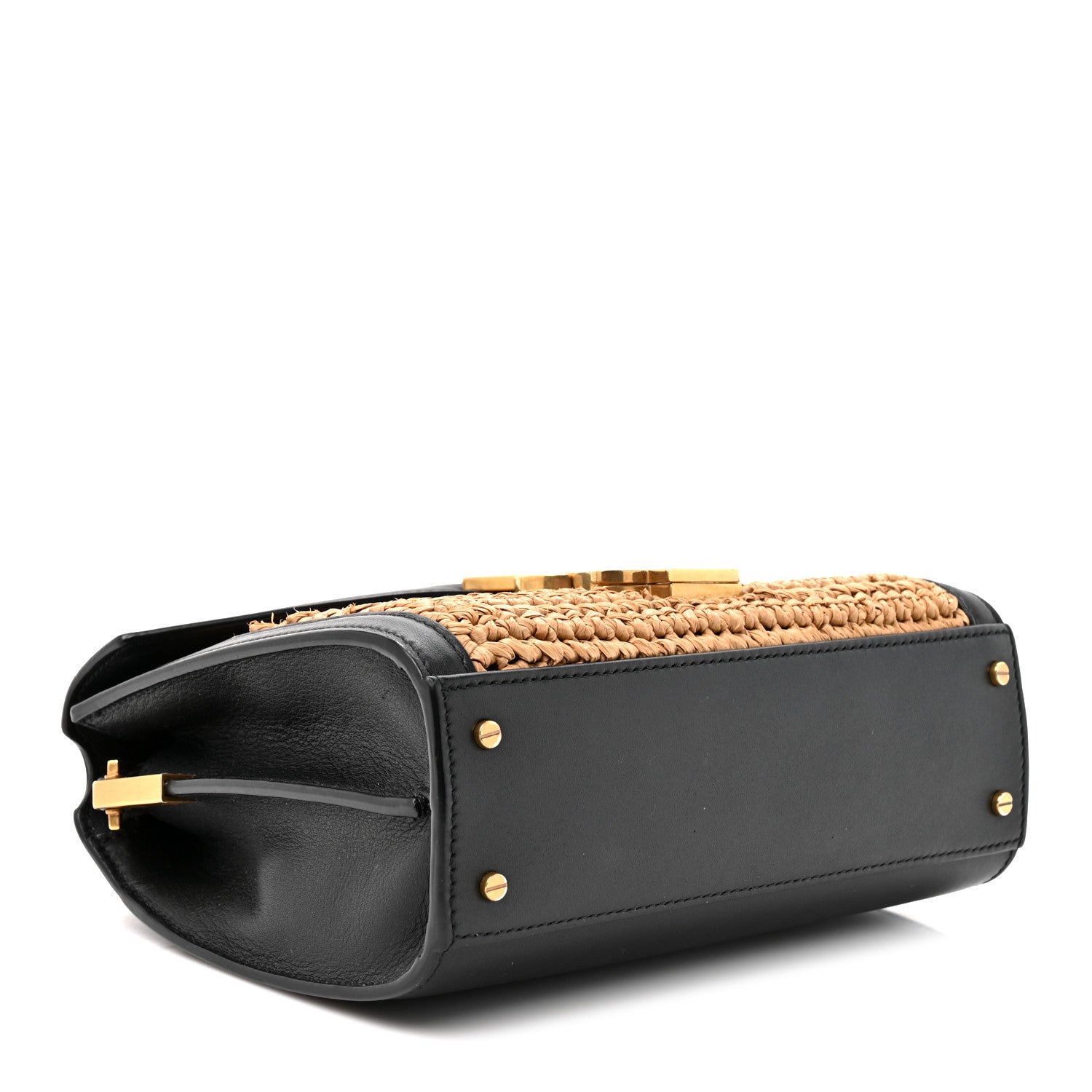 Saint Laurent Raffia Calfskin Mini Classic Monogram Cassandra Top Handle Black Natural 3 of 9
