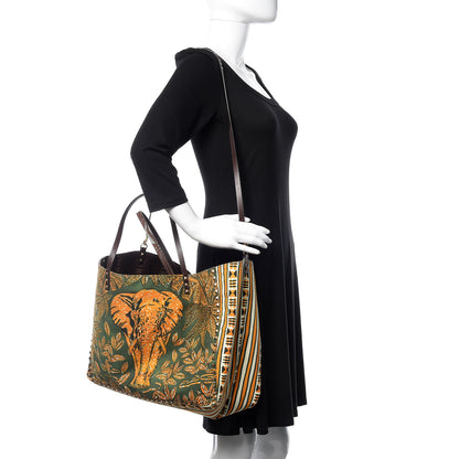 Valentino Garavani Calfskin Canvas Elephant Embossed Medium Rockstud Reversible Tote Brown 3 of 18