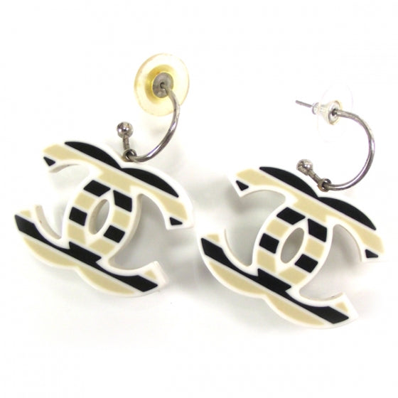 Chanel Enamel CC Striped Earrings Black/Cream 1 of 3