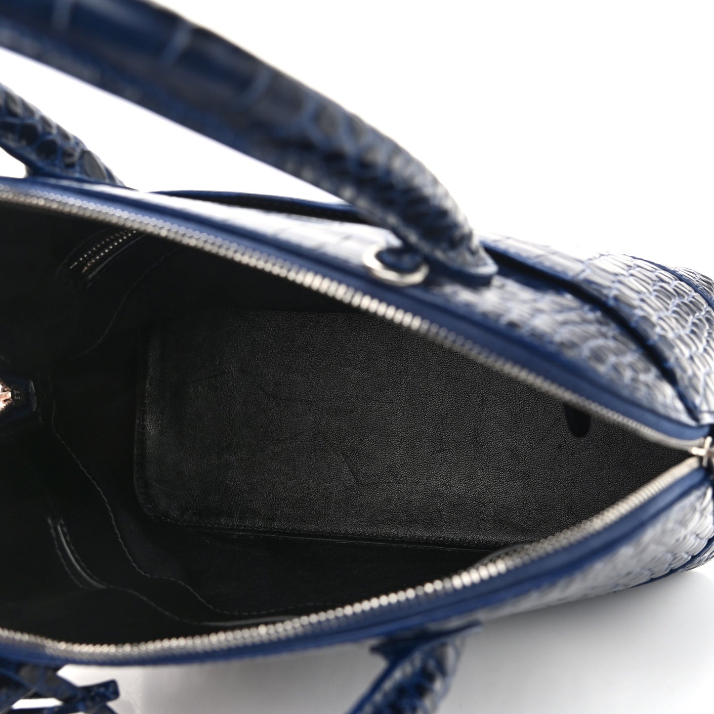 Shiny Calfskin Logo Crocodile Embossed S Ville Top Handle Bag Navy White
