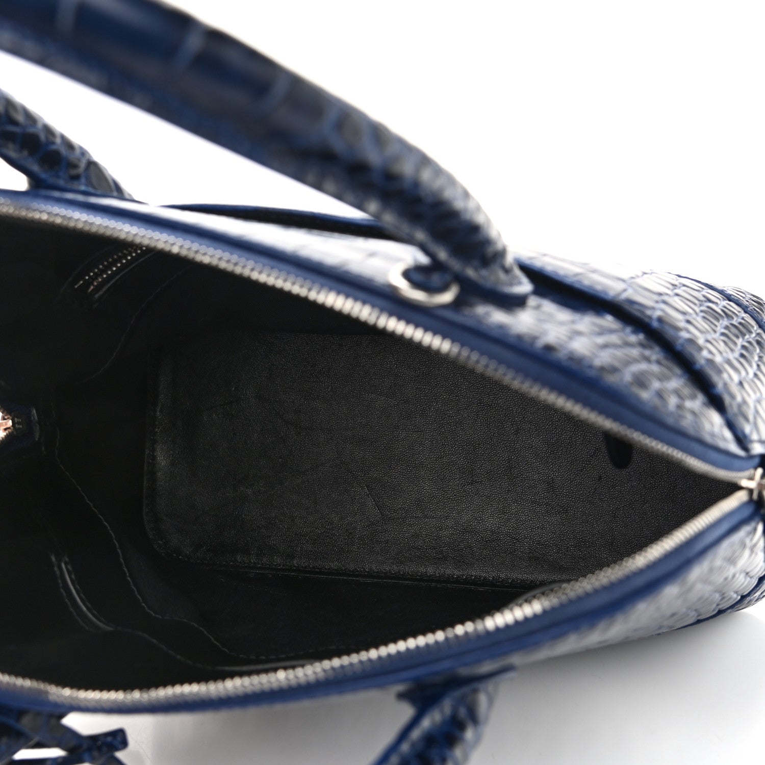 Balenciaga Shiny Calfskin Logo Crocodile Embossed S Ville Top Handle Bag Navy White 5 of 10