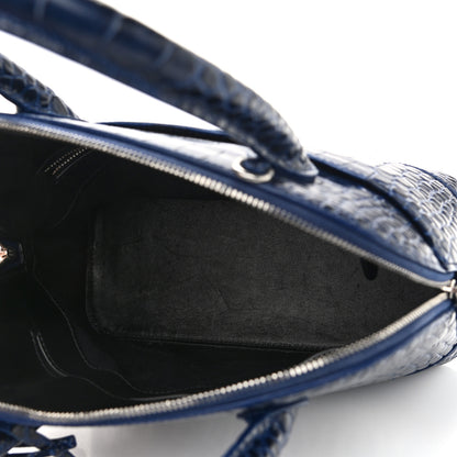 Balenciaga Shiny Calfskin Logo Crocodile Embossed S Ville Top Handle Bag Navy White 5 of 10