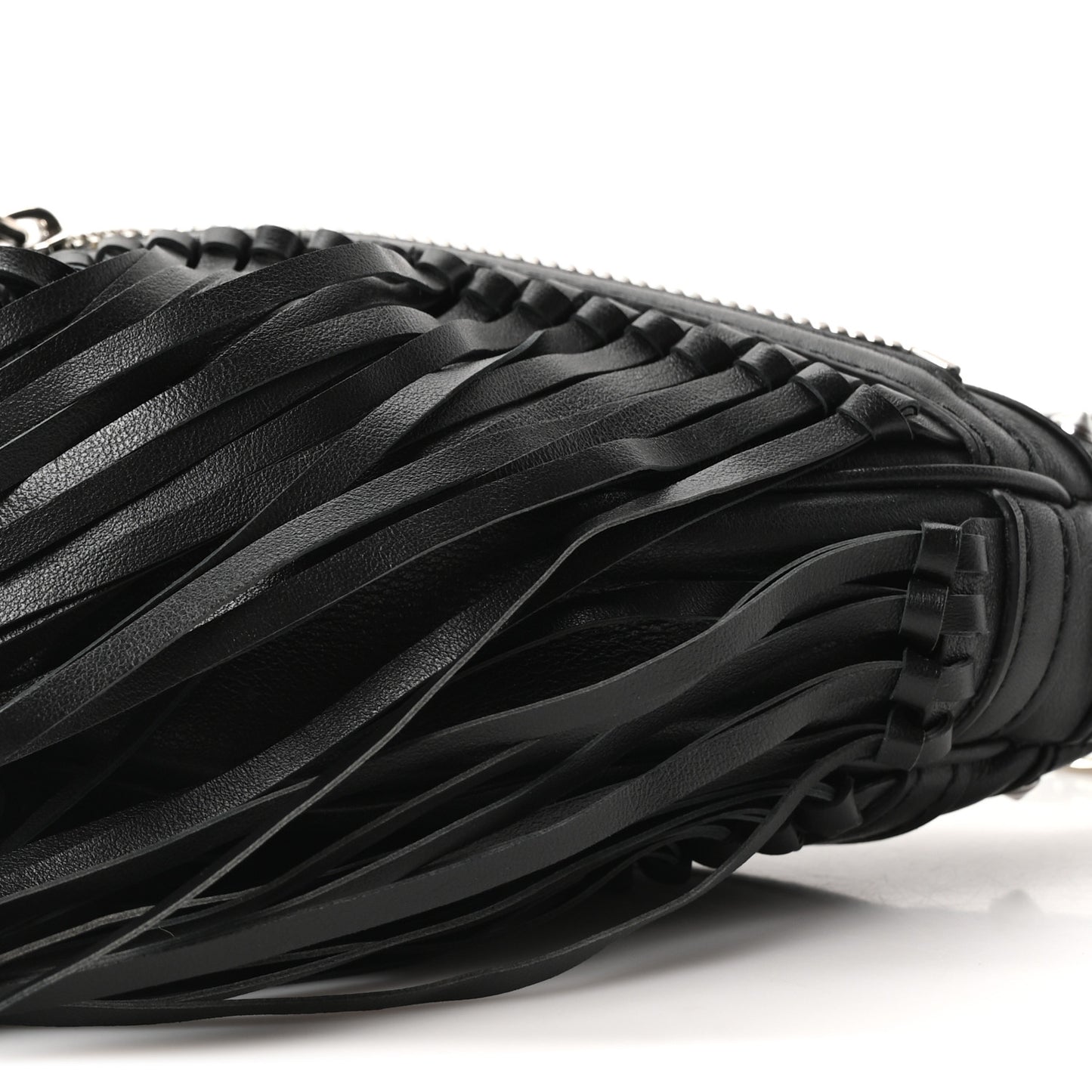 Calfskin Studded Mini Fringe Repeat Zip Hobo Black