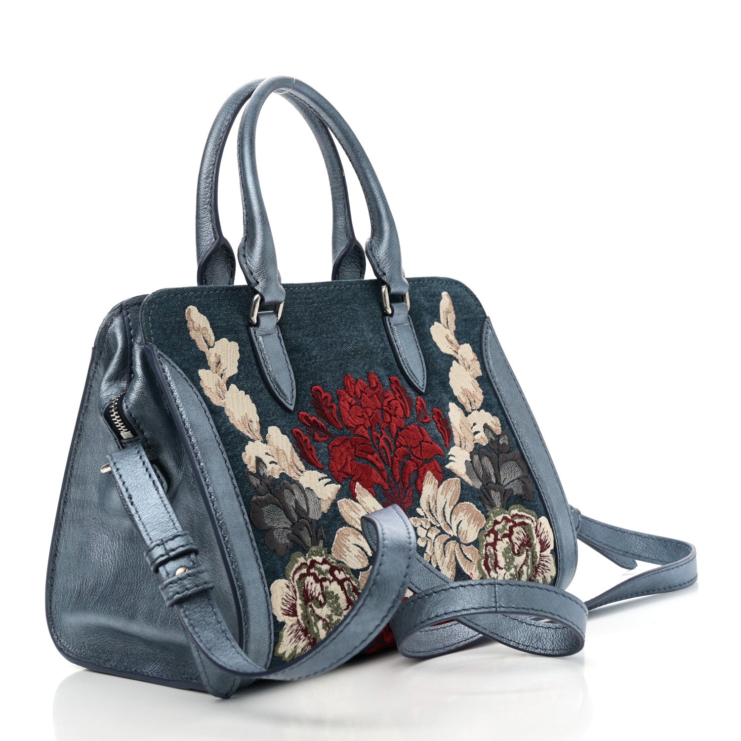 Alexander McQueen Denim Floral Embroidered Small Skull Padlock Zip Around Tote Blue Multicolor 3 of 10
