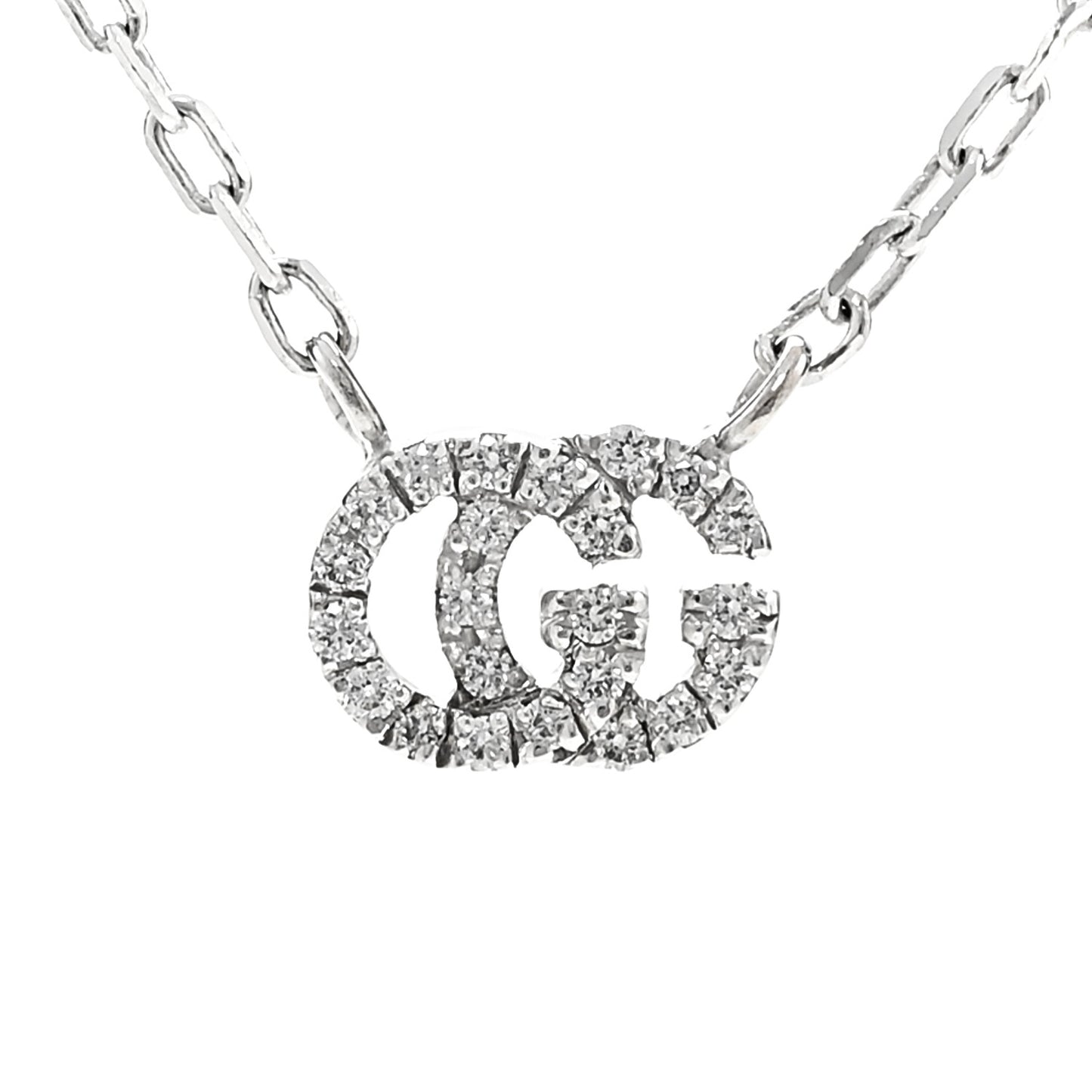 18K White Gold Diamond Running GG Pendant Necklace