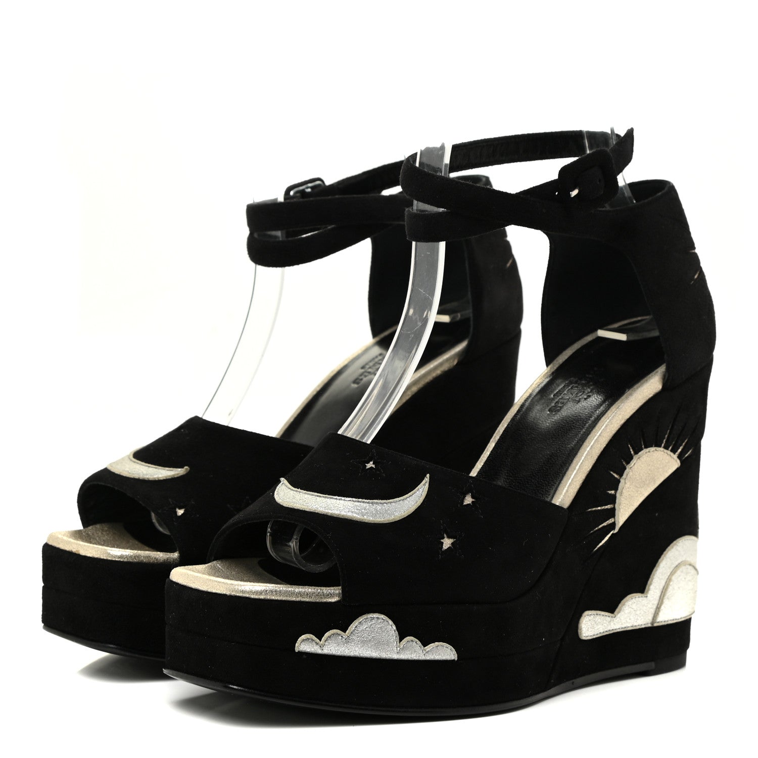 Hermes Suede Goatskin Tournis Wedge Sandals 38 Black 3 of 11
