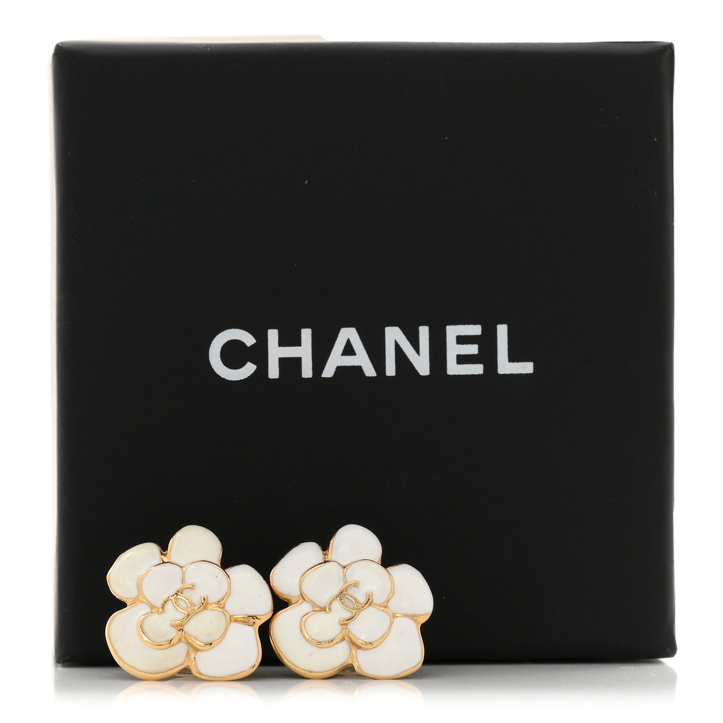 Metal Resin CC Camellia Stud Earrings Gold White