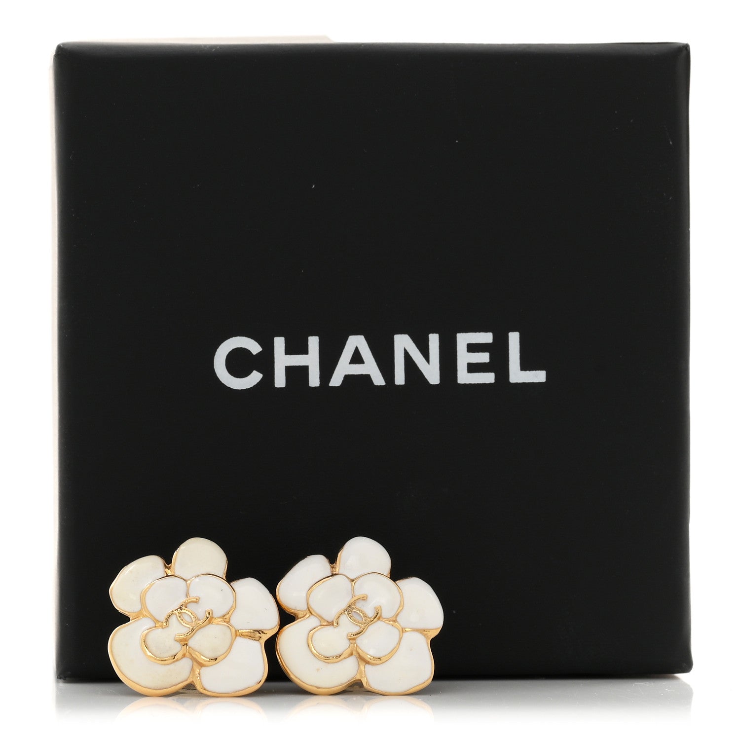 Chanel Metal Resin CC Camellia Stud Earrings Gold White 5 of 5