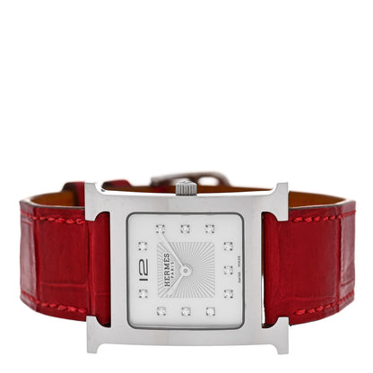 Hermes Stainless Steel Alligator Diamond Mother of Pearl 26mm Heure H Hour Quartz Watch Braise 4 of 4