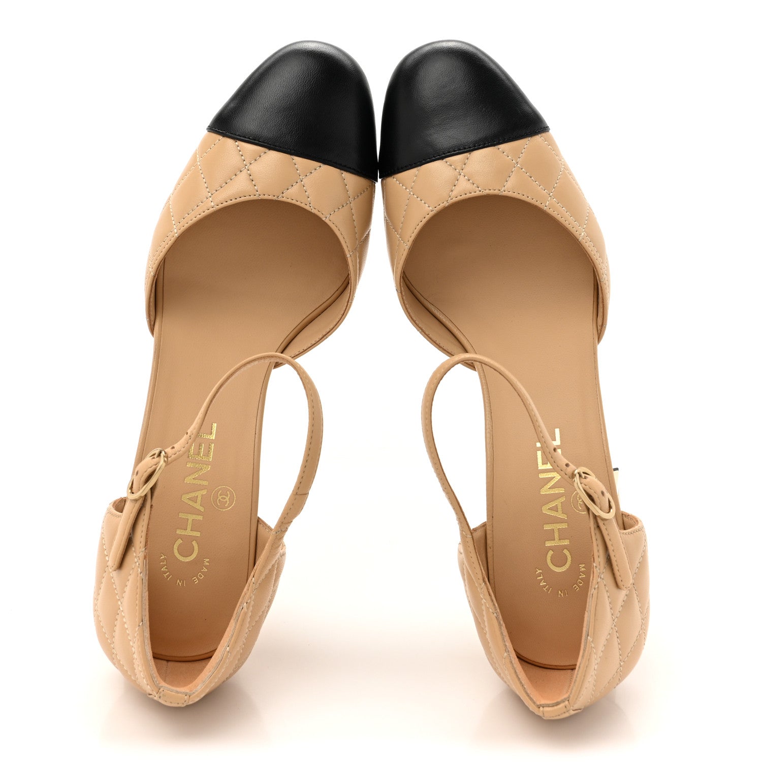Chanel Lambskin Quilted Cap Toe Mary Jane Pumps 40 Beige Black