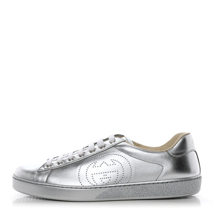 Gucci Metallic Nappa Interlocking G Perforated Mens Ace Sneakers 9 Argento 1 of 9