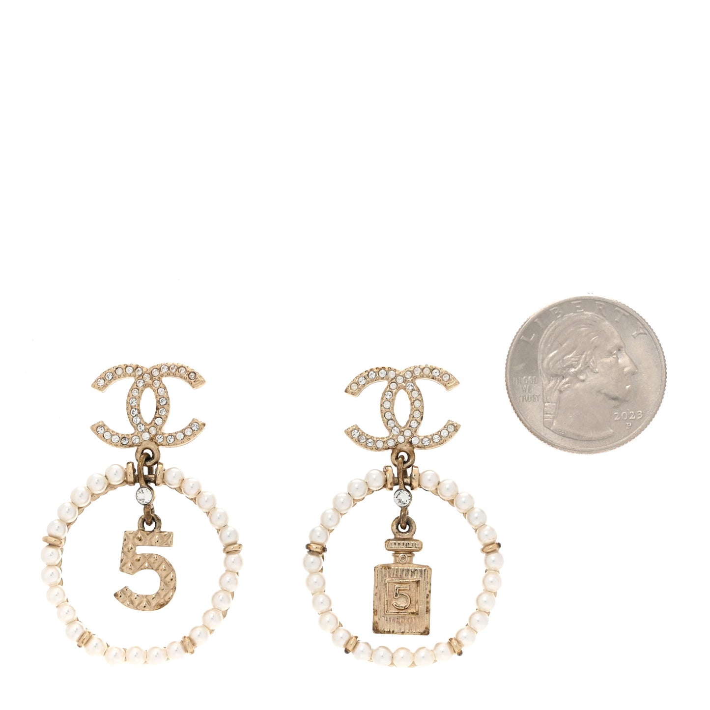 Crystal Pearl Chanel Charms CC Drop Earrings Gold