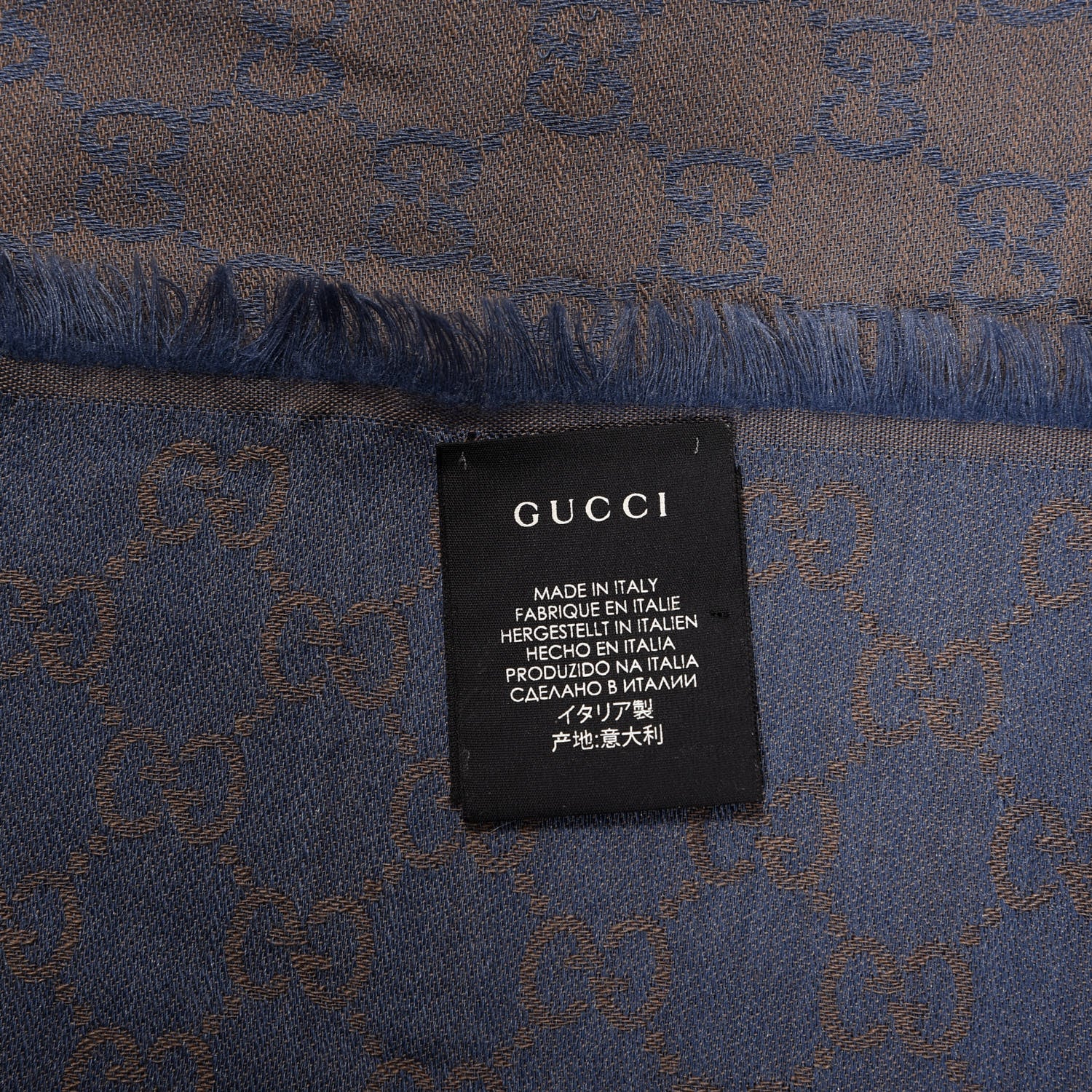 Gucci Wool Silk Monogram GGWeb Fringe Shawl Taupe Sky Blue 4 of 4