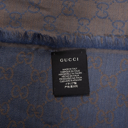 Gucci Wool Silk Monogram GGWeb Fringe Shawl Taupe Sky Blue 4 of 4