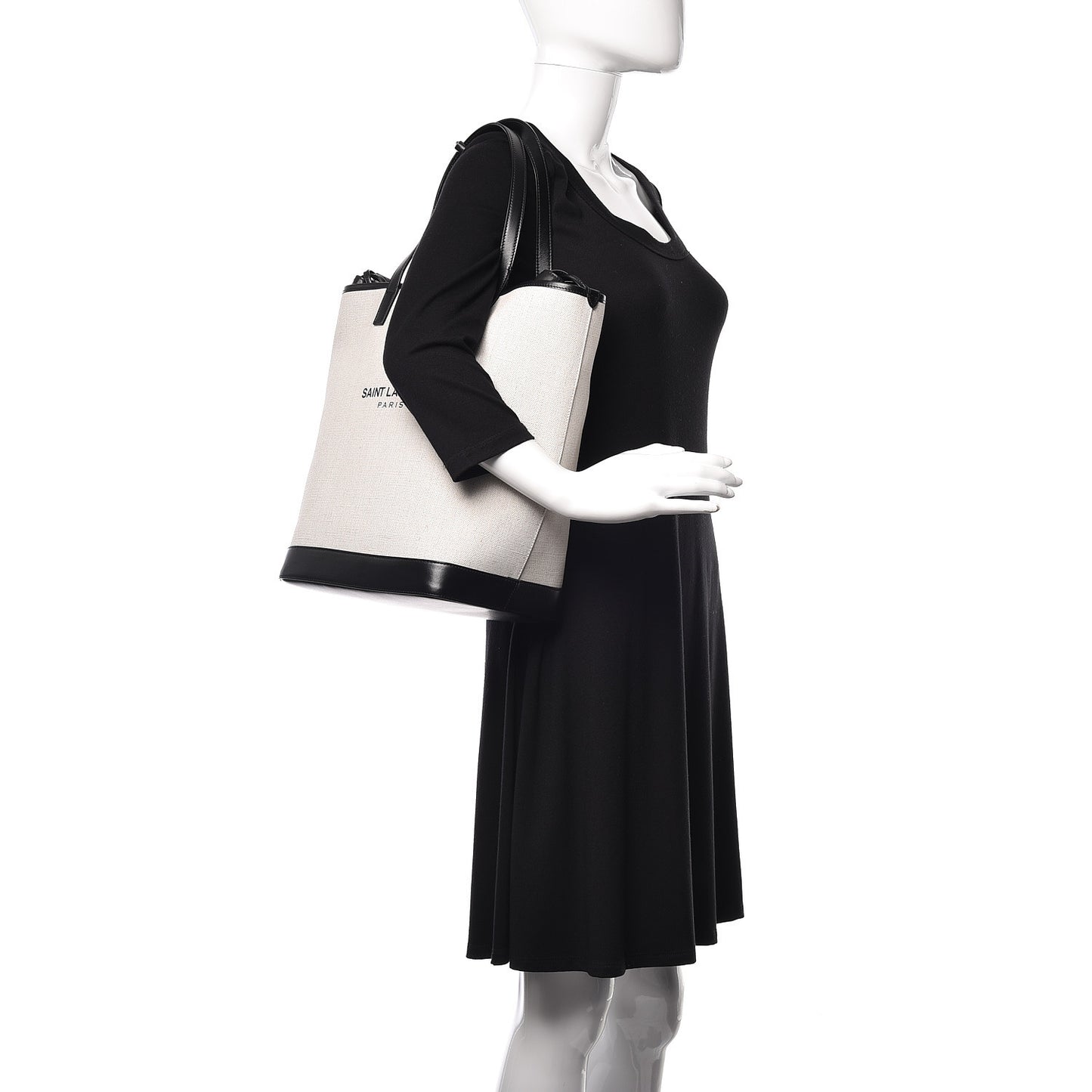 Canvas Calfskin Teddy Drawstring Shopping Tote White Black