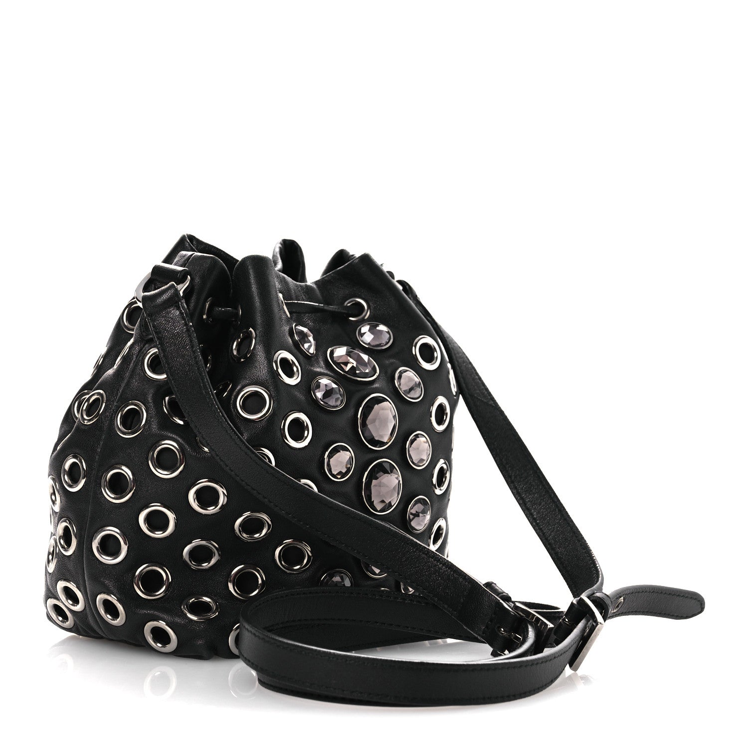 Miu Miu Nappa Jeweled Grommet Starlight Bucket Bag Black 3 of 15