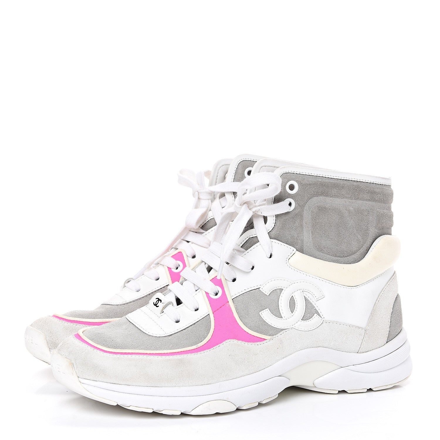 Chanel Suede Calfskin Lambskin Neoprene High Top CC Sneakers 39 White Grey Fluo Pink 3 of 11