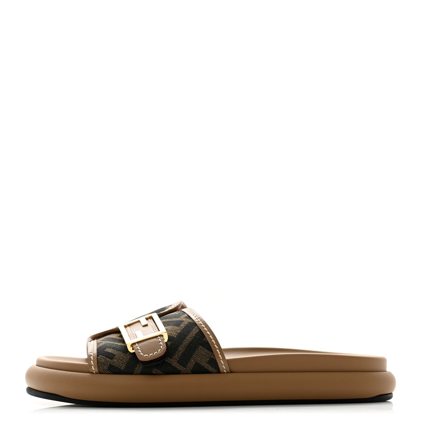 Fabric Jacquard Nappa FF Womens Fendi Feel Slide Sandals 37.5 Tobacco Black Miele Scuro