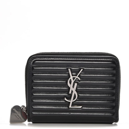 Saint Laurent Ribbed Calfskin Opium Monogram Compact Zip Around Wallet Black 1 of 8