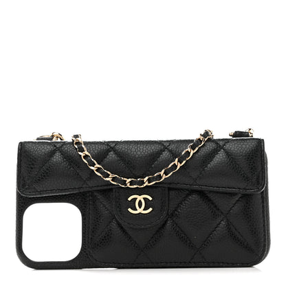 Chanel Caviar Quilted Pearl Crush iPhone XII Pro Max Holder With Chain Black 1 of 9