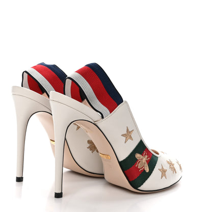 Gucci Malaga Kid Web Bee Star Embroidered Sylvie High Heel Slingback Pumps 39 White 4 of 9