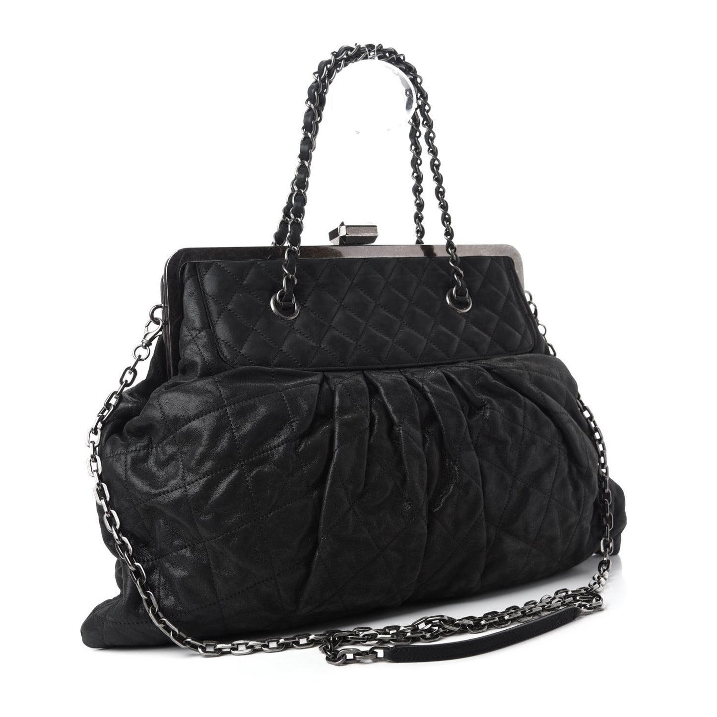 Iridescent Calfskin Chic Quilt Frame Tote Black