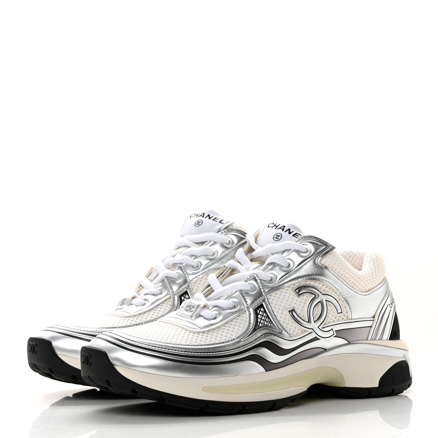 Fabric Laminated Calfskin Stretch CC Sneakers 39 White Silver
